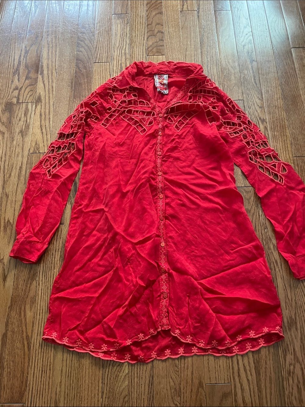 Johnny Was Red Eyelet Crochet Tunic Women’s Sz XS